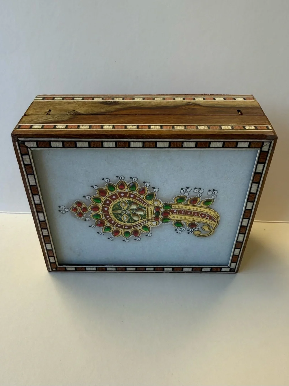 Vintage India Wood Inlay Jewelry Trinket Keepsake Box w/ Mosaic Stone Accent Lid